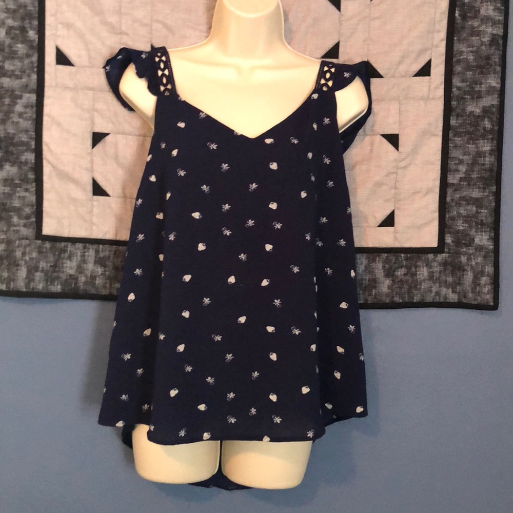 Blue strawberry print slit back blouse boho large